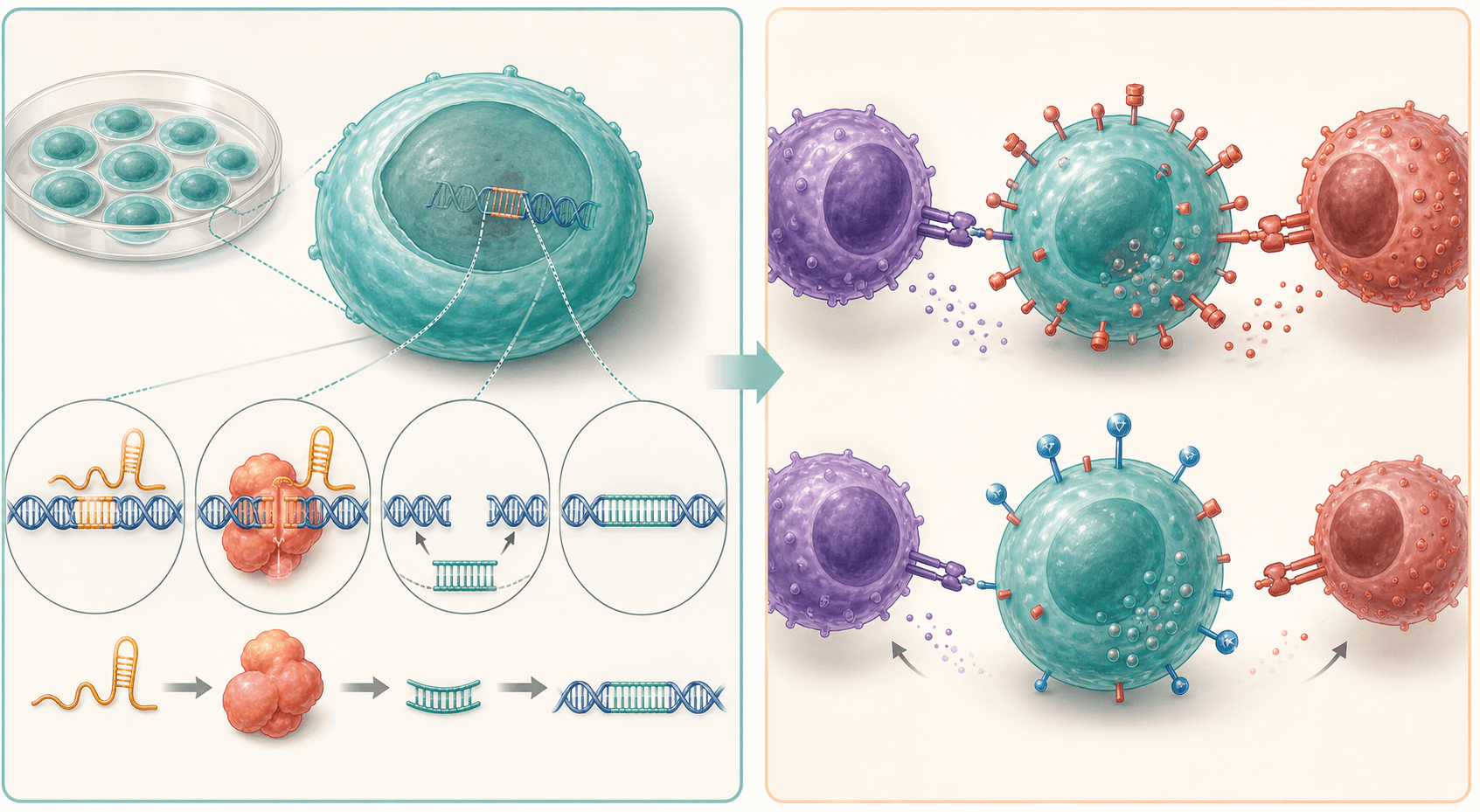 Cultured cells undergoing gene editing, followed by comparison of immune recognition before and after selected surface signals are changed.