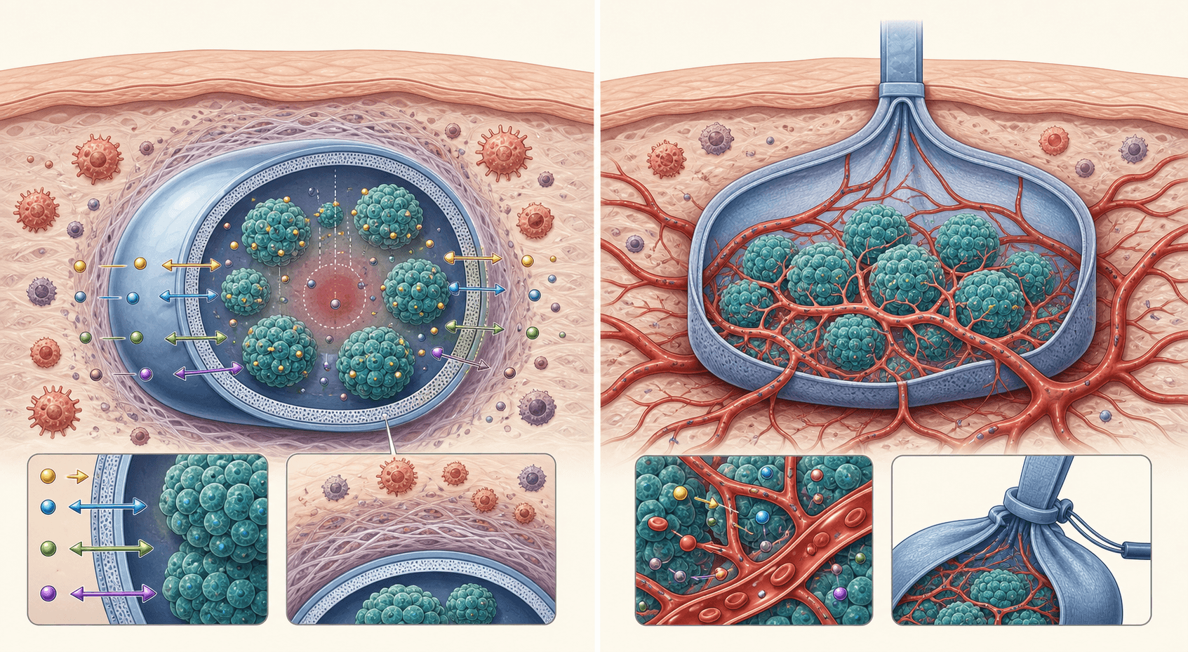 Side-by-side cross-sections of a closed semipermeable capsule and an open vascularized implant pouch containing islet clusters.