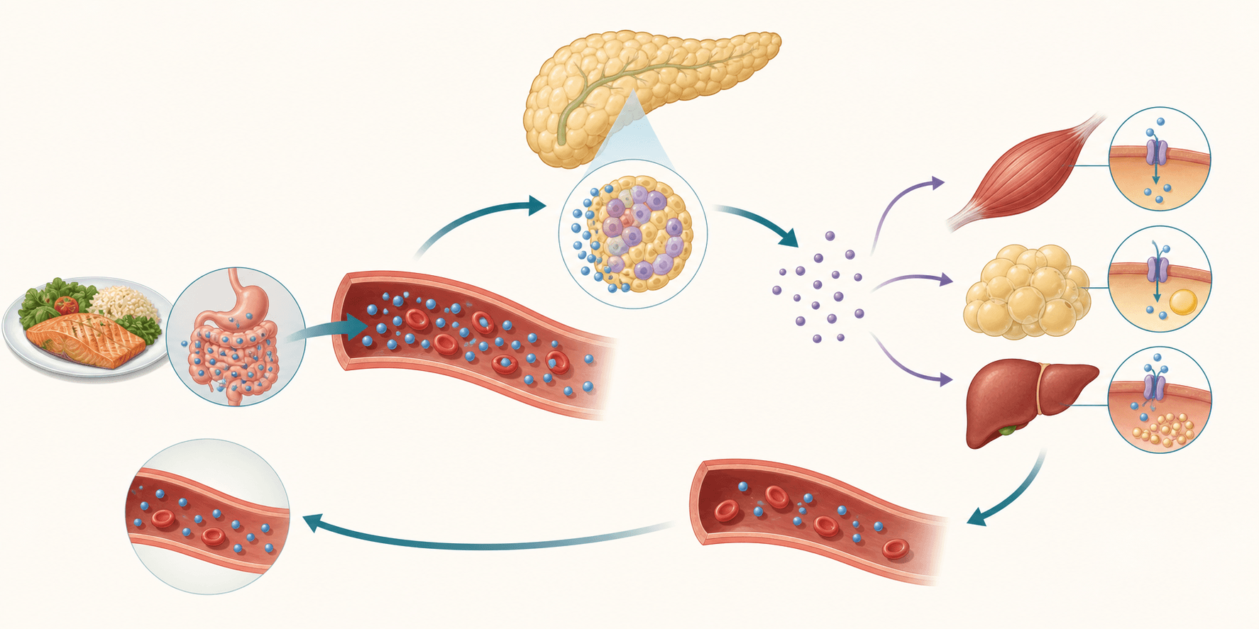 A conceptual glucose-insulin feedback loop connecting a meal, the bloodstream, the pancreatic islet, the liver, muscle, and fat.