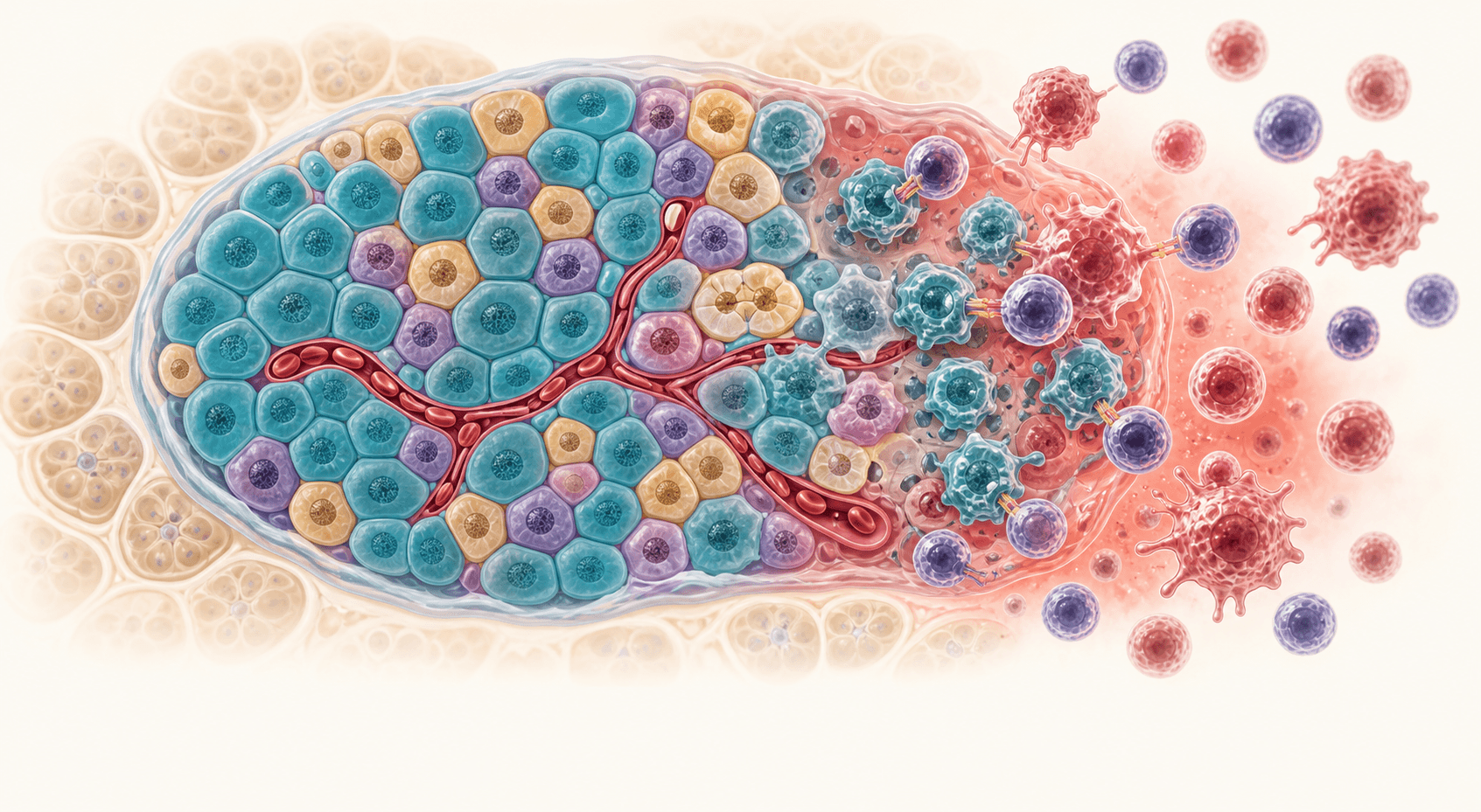 A pancreatic islet transitioning from healthy, vascularized tissue to patchy inflammation and selective beta-cell injury.