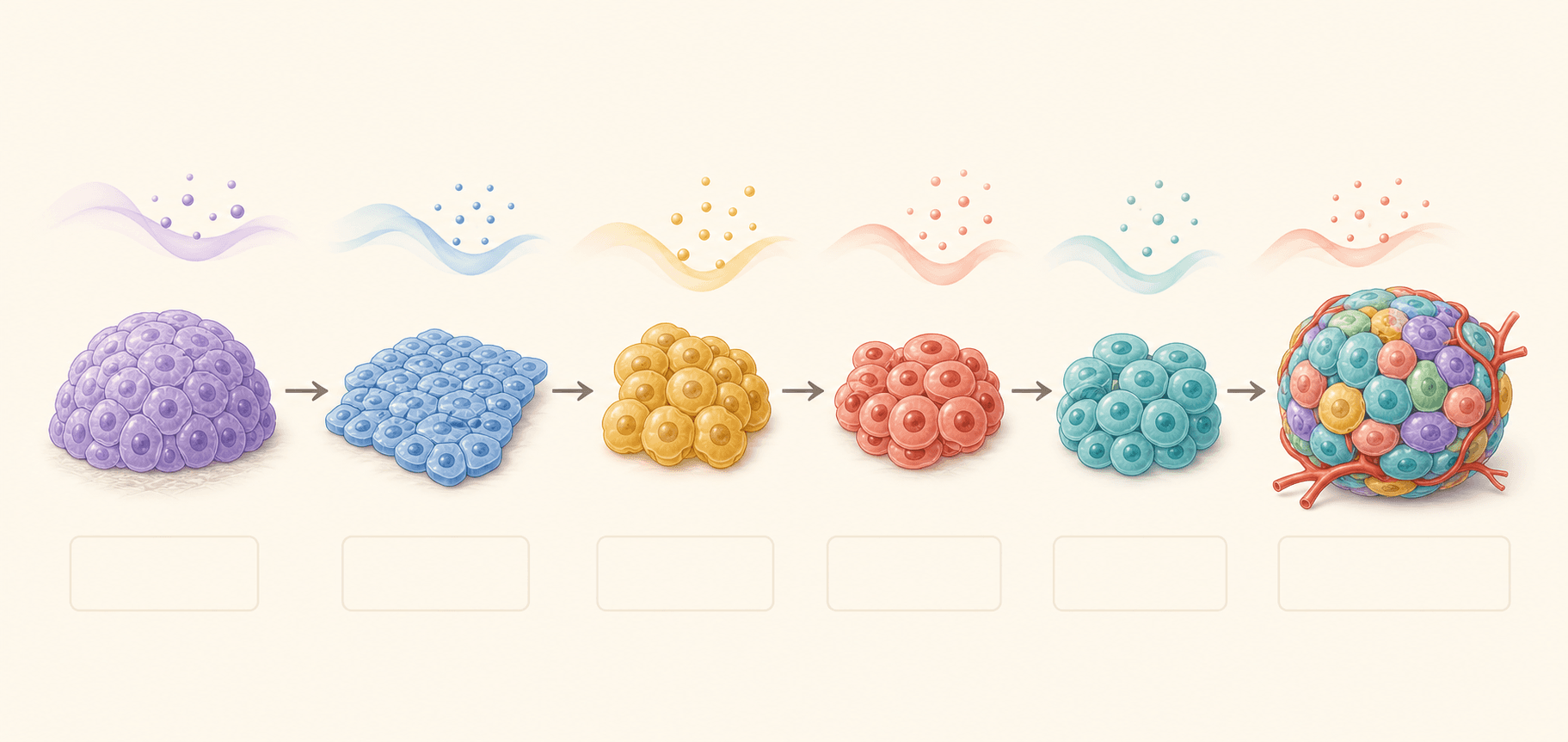 A six-stage sequence from pluripotent stem cells through developmental intermediates to an islet-like cluster.
